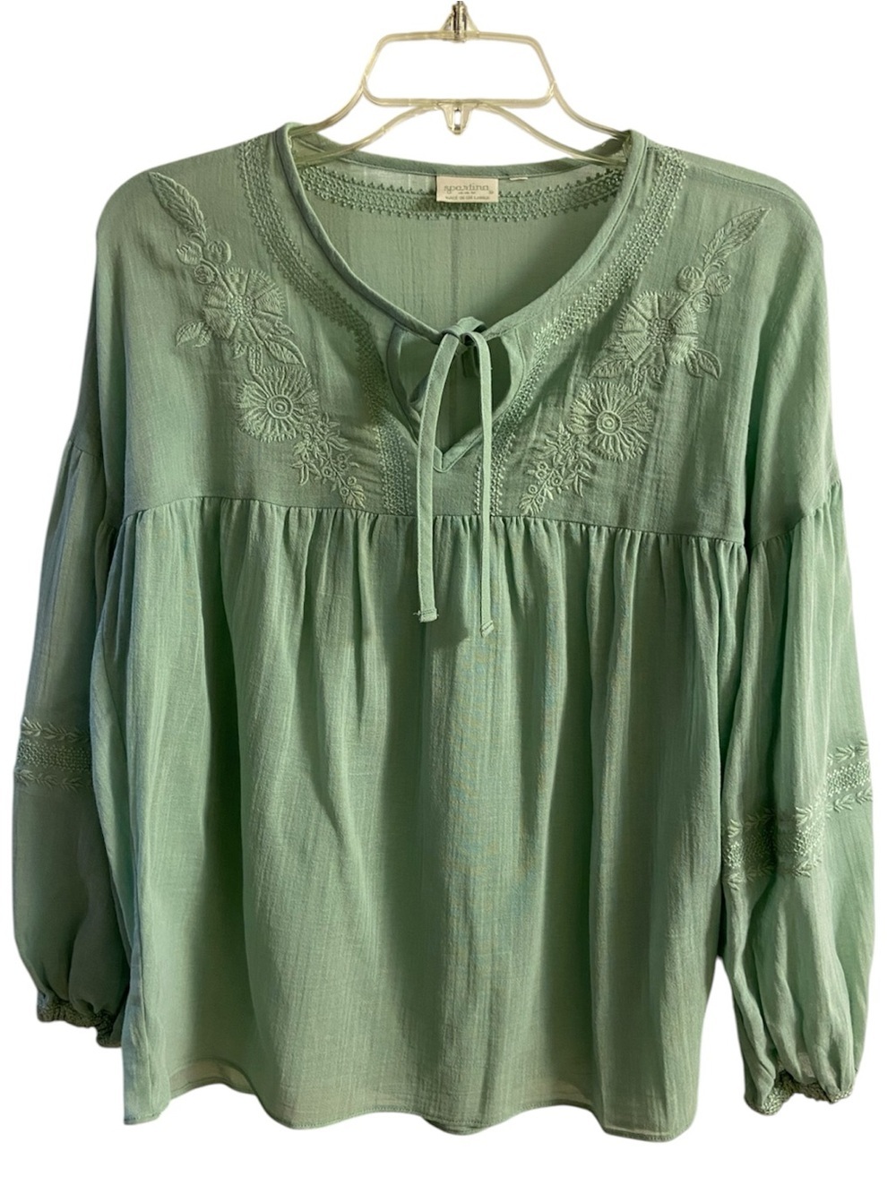 Spartina 449 Sage Green Embroidered Peasant Top Blouse Gauze Small